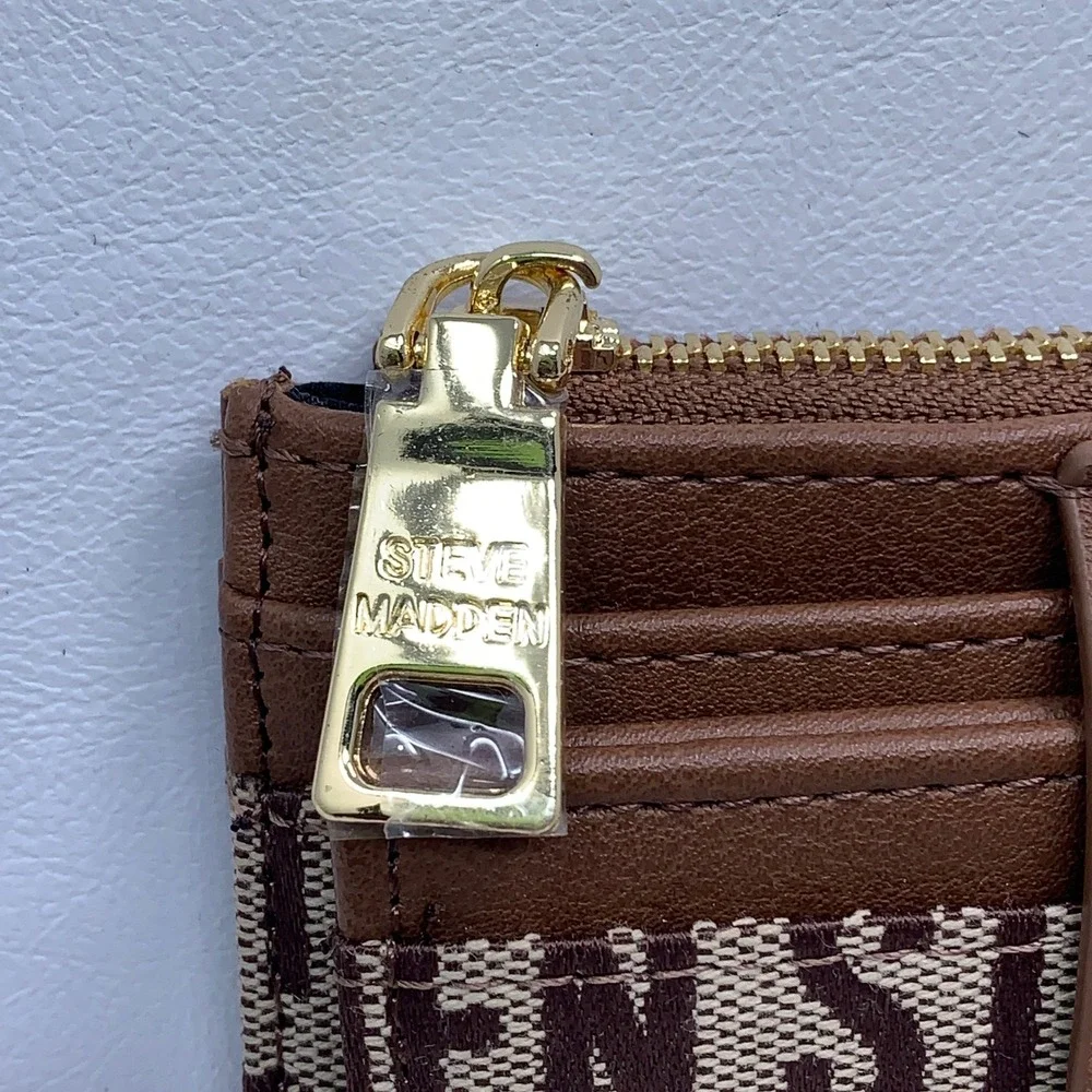 Steve Madden Womens OS Brown Logo Jacquard Zip Card Case Wallet New